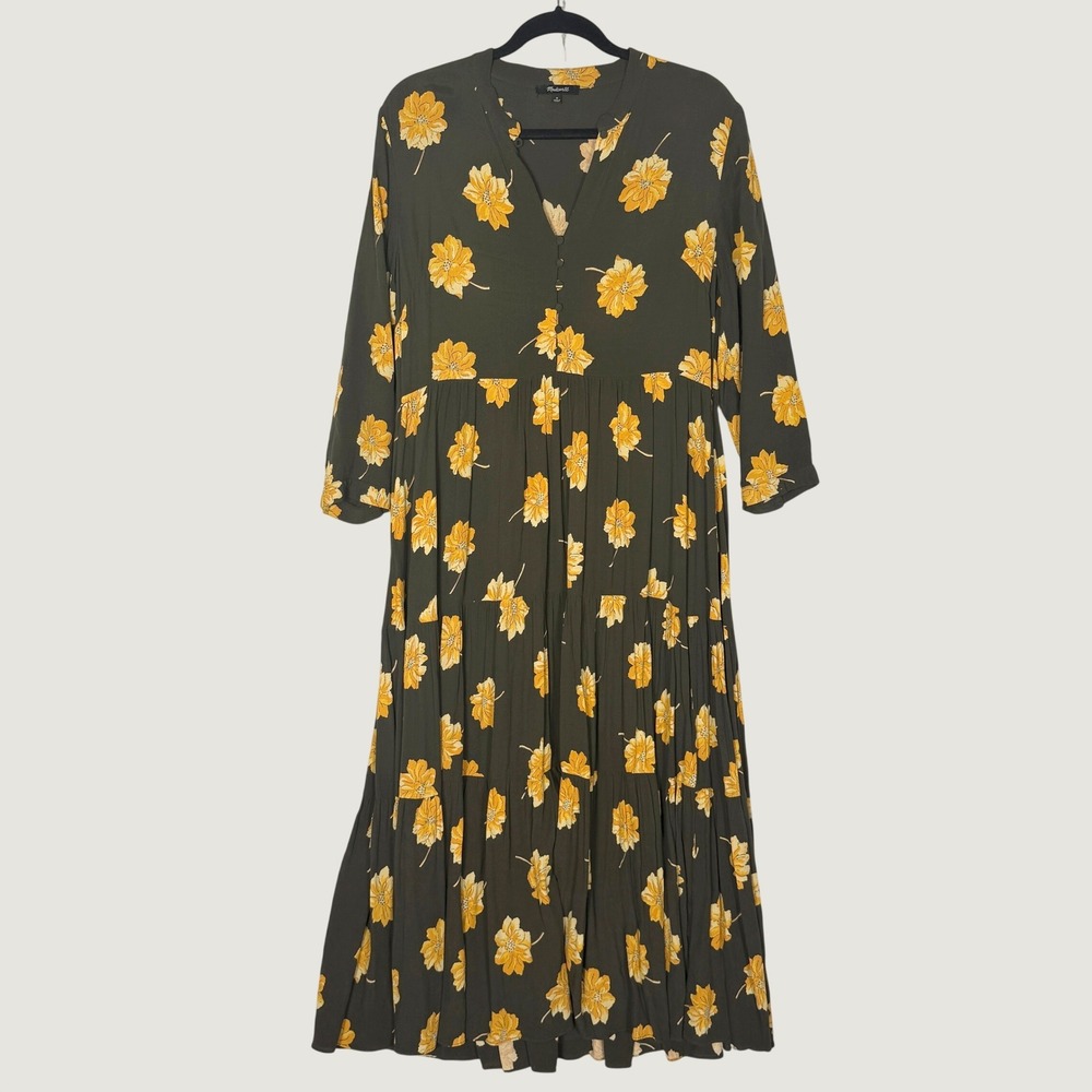 Madewell Olive Green Yellow Fall Floral Tiered Button Front Maxi Dress M - Picture 2 of 8